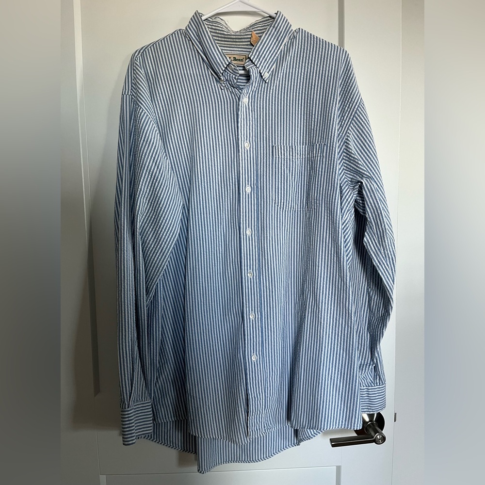 L.L. Bean Blue and White Pin Striped Button Down Shirt